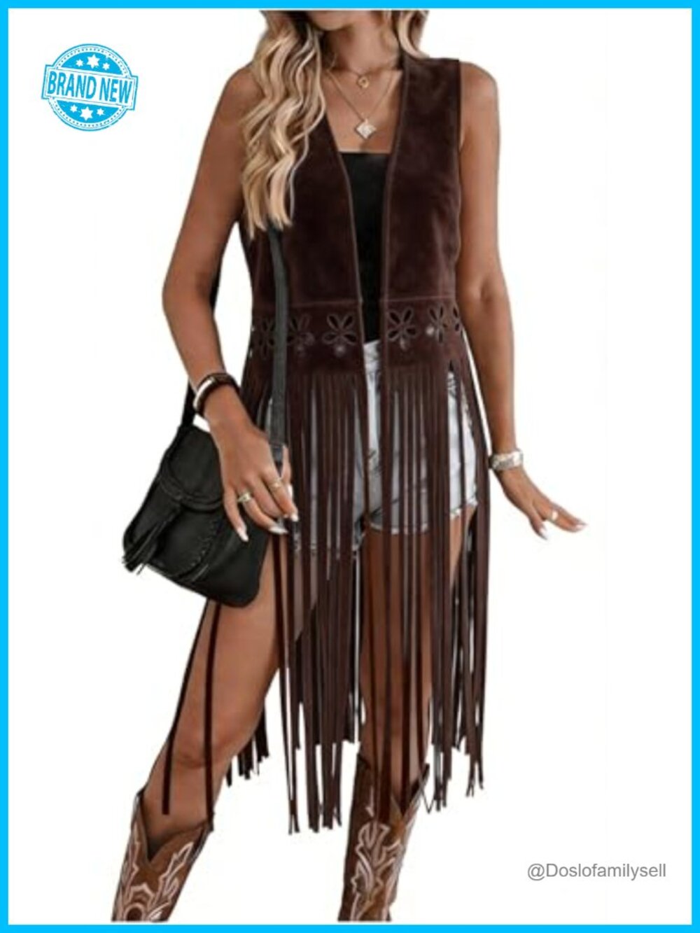 Faux Suede Fringe Vest Open Front Sleeveless Cardigan Boho Cowgirl